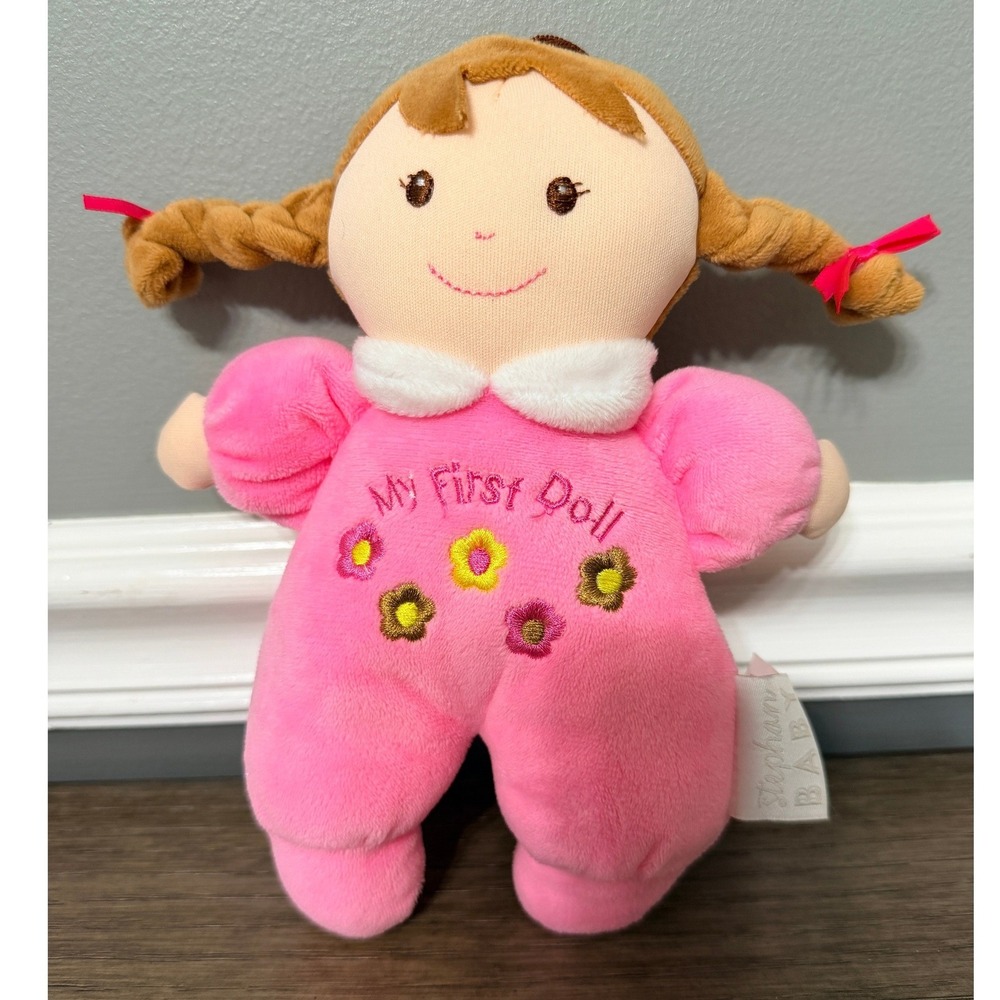 Stephan Baby My First Doll Brunette Pink Rag Doll Plush Soft Toy 9" Floral Baby